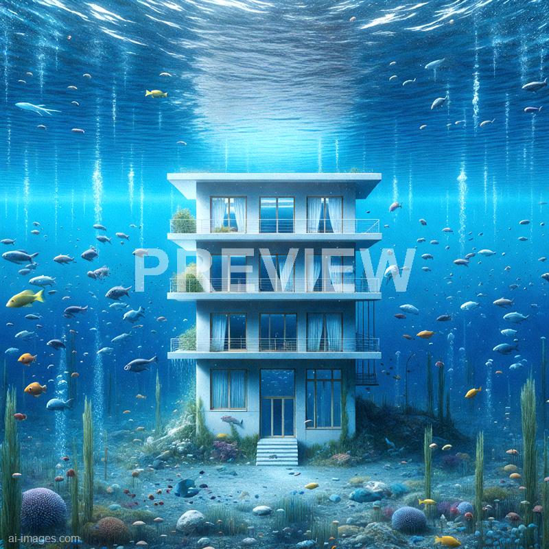 The image depicts a modern, multi-story building submerged underwater, with its structure intact and windows and balconies visible. The building is surrounded by a vibrant aquatic environment, including numerous colorful fish swimming around it, seaweed, and rocks on the ocean floor. Sunlight filters through the water from above, creating a serene, almost surreal underwater scene with a clear view of the building's facade and the marine life.
